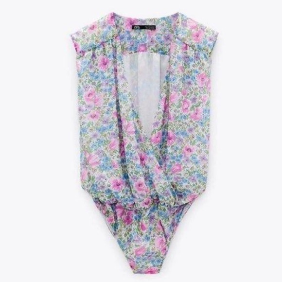 Zara Tops - Zara Chiffon Floral Sleeveless Bodysuit - Pink/Purple/Blue/White
